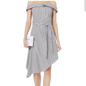 Intermix Nicolette Asymmetric Off-the-Shoulder Dress in grey stripe